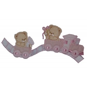 Iron-on Embroidery Sticker - Teddy Bear with Train  -  Pink